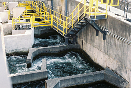 [A series of concrete channels permits the water to pass around them, but also regulates the flow such that fish would be able to pass around the dam.]